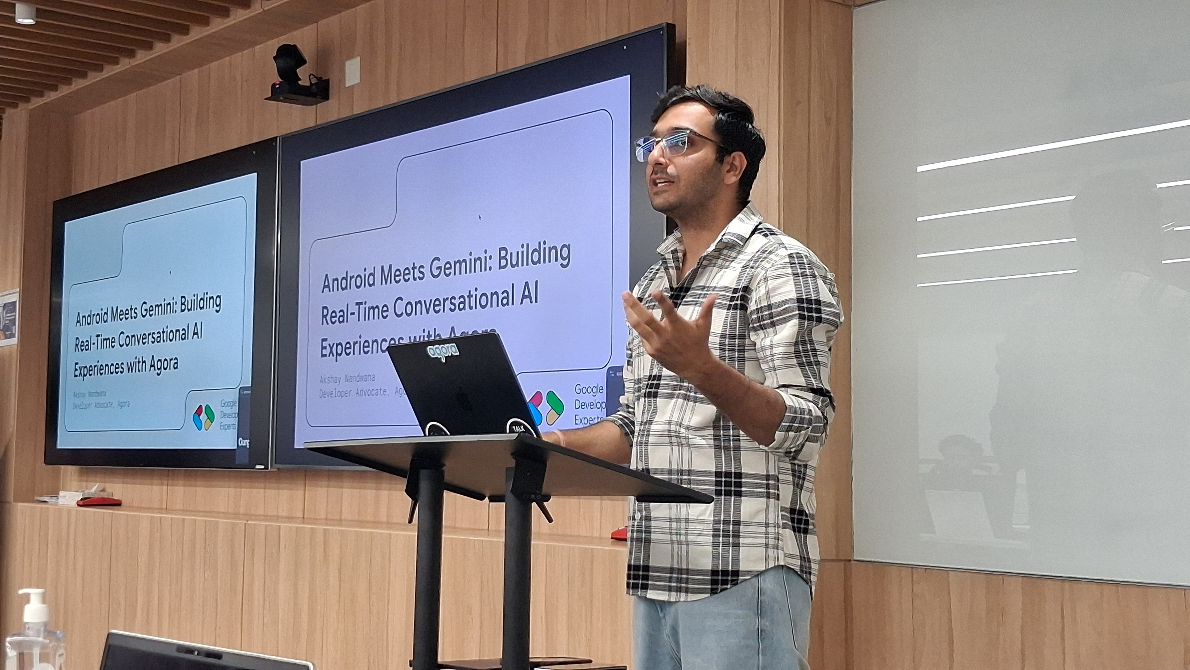 Akshay presenting Android Meets Gemini: Building Real-Time Conversational AI Experiences with Agora