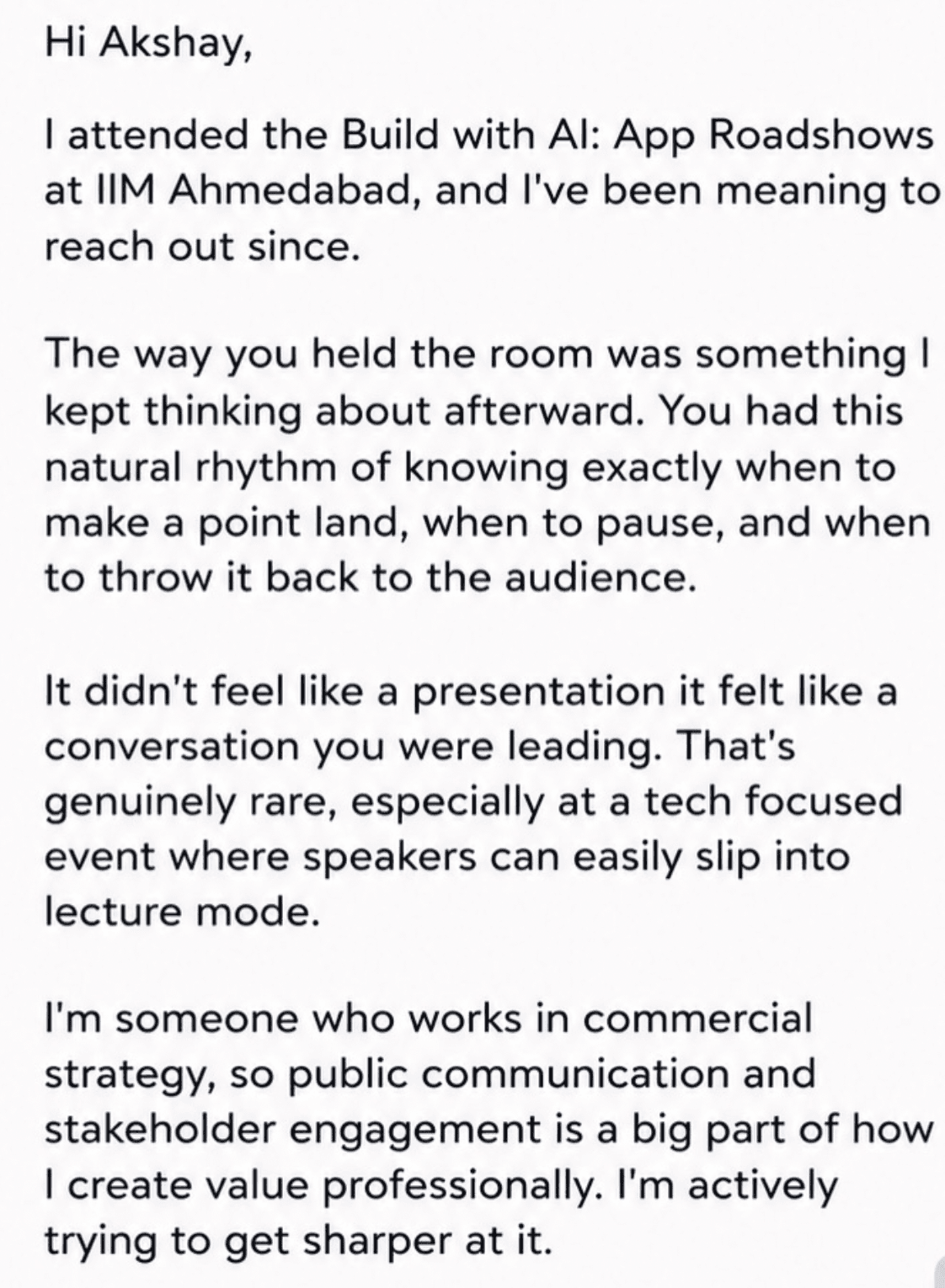 Attendee message about IIM Ahmedabad Build with AI session