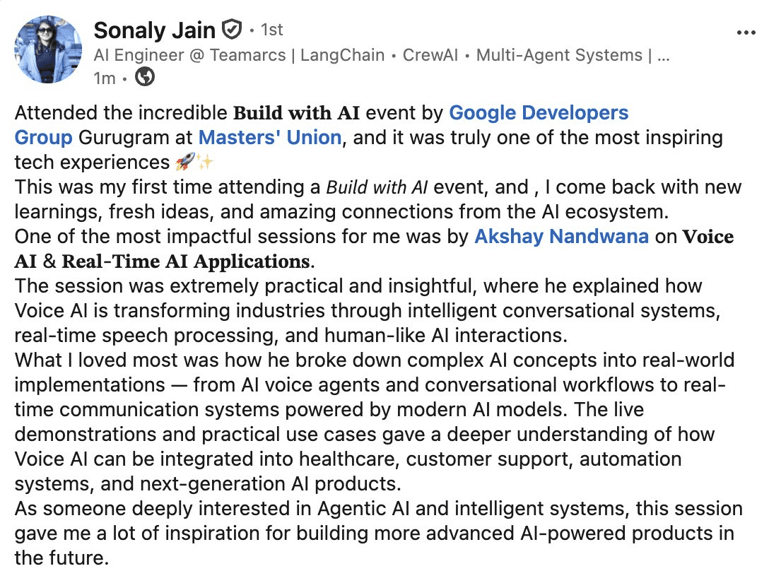 Sonaly Jain — LinkedIn post about Voice AI session at GDG Gurugram
